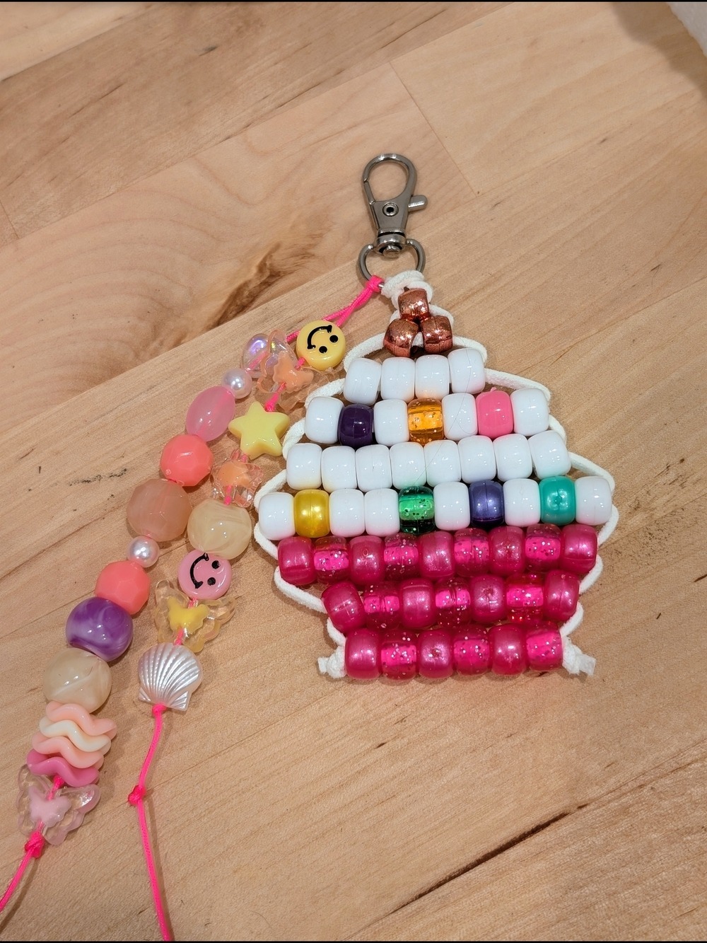 Beaded Cupcake Keychain Charm - Pink, White, Multicolor